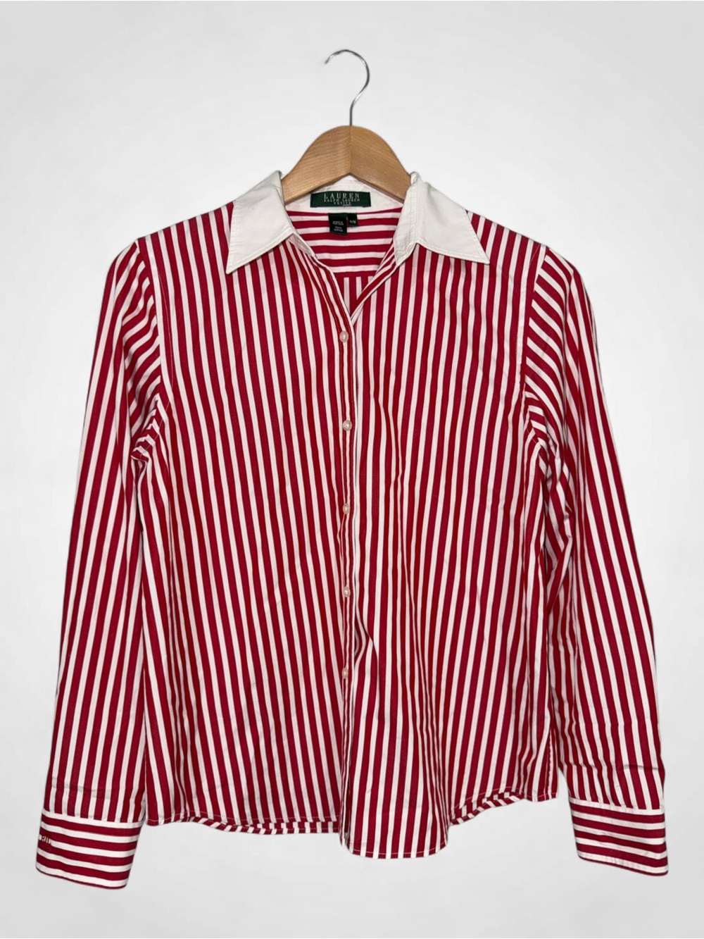 WSH85 {Ralph Lauren} Petite Red White Stripe Long Sleeve Button Down Shirt Top